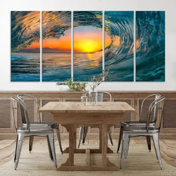 The Ocean Wave Sunset Wall Art, a large coastal wave canvas print comprising a 3-panel ocean sunset seascape, beautifully adorns the living room. This striking piece infuses the space with tranquility by capturing the serene beauty of an ocean wave against a sunset background.