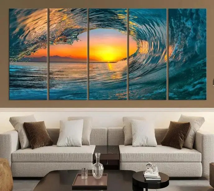 The Ocean Wave Sunset Wall Art, a large coastal wave canvas print comprising a 3-panel ocean sunset seascape, beautifully adorns the living room. This striking piece infuses the space with tranquility by capturing the serene beauty of an ocean wave against a sunset background.