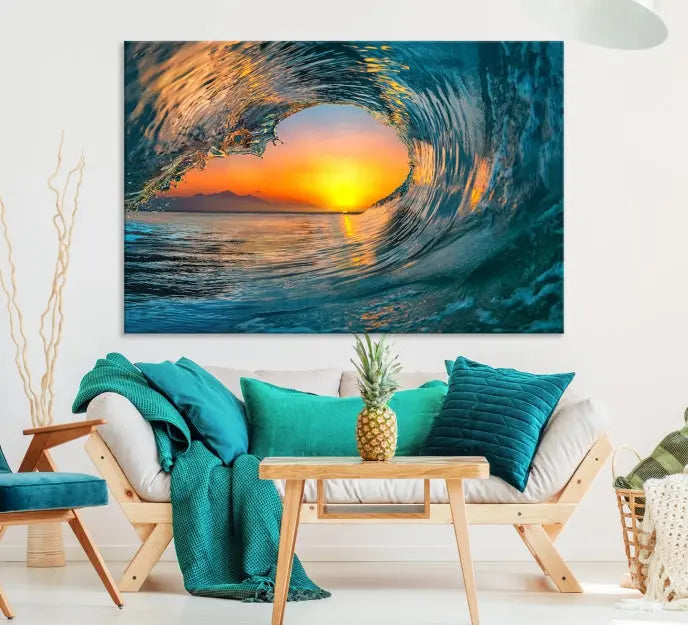 The Ocean Wave Sunset Wall Art, a large coastal wave canvas print comprising a 3-panel ocean sunset seascape, beautifully adorns the living room. This striking piece infuses the space with tranquility by capturing the serene beauty of an ocean wave against a sunset background.