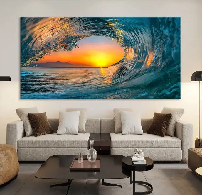 The Ocean Wave Sunset Wall Art, a large coastal wave canvas print comprising a 3-panel ocean sunset seascape, beautifully adorns the living room. This striking piece infuses the space with tranquility by capturing the serene beauty of an ocean wave against a sunset background.