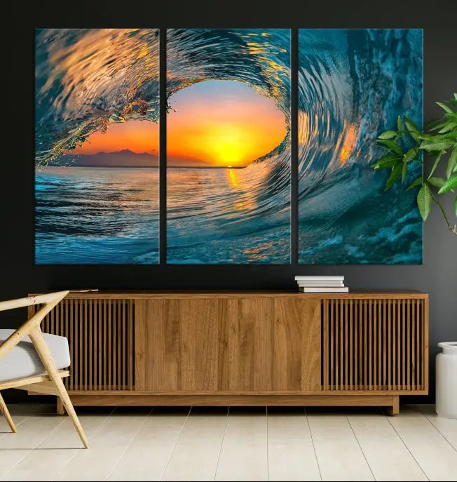 The Ocean Wave Sunset Wall Art, a large coastal wave canvas print comprising a 3-panel ocean sunset seascape, beautifully adorns the living room. This striking piece infuses the space with tranquility by capturing the serene beauty of an ocean wave against a sunset background.