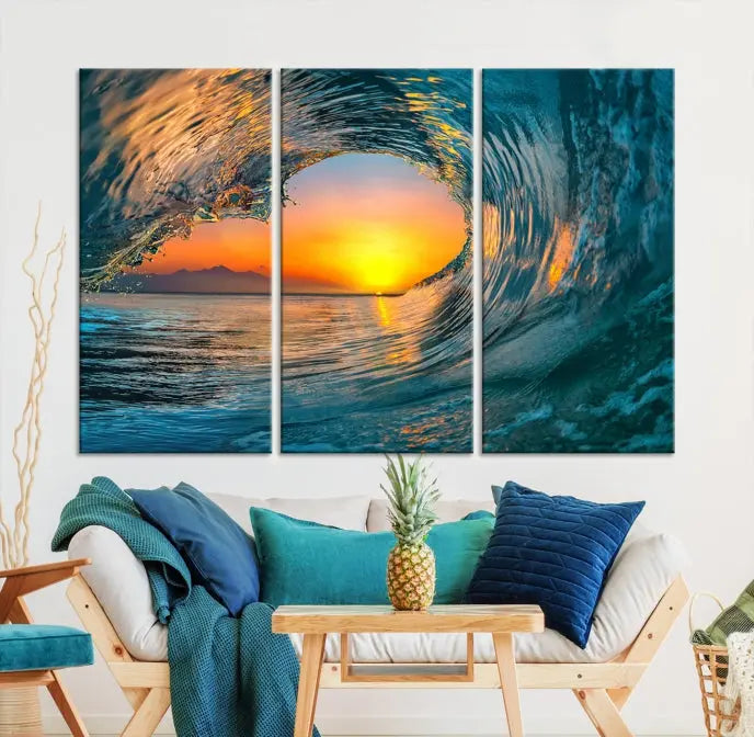 The Ocean Wave Sunset Wall Art, a large coastal wave canvas print comprising a 3-panel ocean sunset seascape, beautifully adorns the living room. This striking piece infuses the space with tranquility by capturing the serene beauty of an ocean wave against a sunset background.