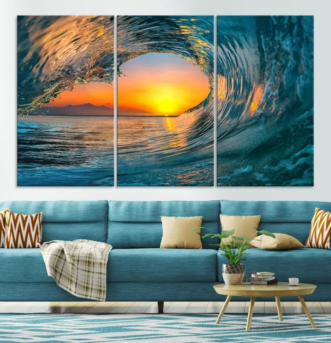 The Ocean Wave Sunset Wall Art, a large coastal wave canvas print comprising a 3-panel ocean sunset seascape, beautifully adorns the living room. This striking piece infuses the space with tranquility by capturing the serene beauty of an ocean wave against a sunset background.