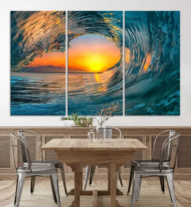 The Ocean Wave Sunset Wall Art, a large coastal wave canvas print comprising a 3-panel ocean sunset seascape, beautifully adorns the living room. This striking piece infuses the space with tranquility by capturing the serene beauty of an ocean wave against a sunset background.