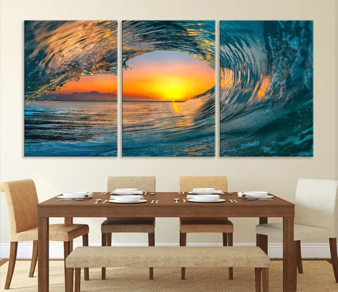 The Ocean Wave Sunset Wall Art, a large coastal wave canvas print comprising a 3-panel ocean sunset seascape, beautifully adorns the living room. This striking piece infuses the space with tranquility by capturing the serene beauty of an ocean wave against a sunset background.