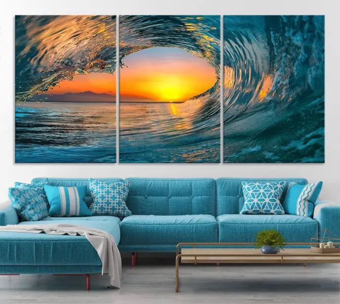 The Ocean Wave Sunset Wall Art, a large coastal wave canvas print comprising a 3-panel ocean sunset seascape, beautifully adorns the living room. This striking piece infuses the space with tranquility by capturing the serene beauty of an ocean wave against a sunset background.