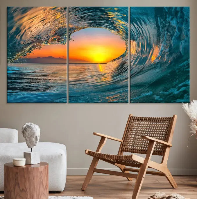 The Ocean Wave Sunset Wall Art, a large coastal wave canvas print comprising a 3-panel ocean sunset seascape, beautifully adorns the living room. This striking piece infuses the space with tranquility by capturing the serene beauty of an ocean wave against a sunset background.