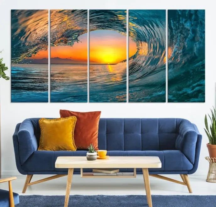 The Ocean Wave Sunset Wall Art, a large coastal wave canvas print comprising a 3-panel ocean sunset seascape, beautifully adorns the living room. This striking piece infuses the space with tranquility by capturing the serene beauty of an ocean wave against a sunset background.