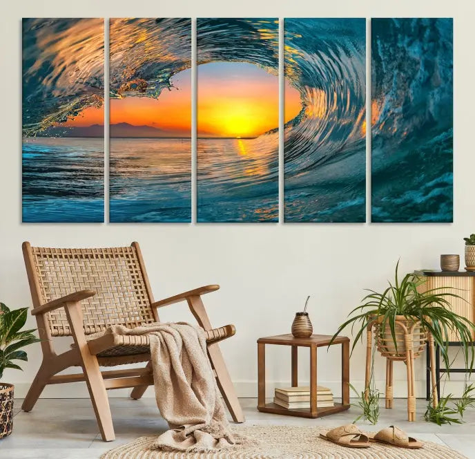 The Ocean Wave Sunset Wall Art, a large coastal wave canvas print comprising a 3-panel ocean sunset seascape, beautifully adorns the living room. This striking piece infuses the space with tranquility by capturing the serene beauty of an ocean wave against a sunset background.