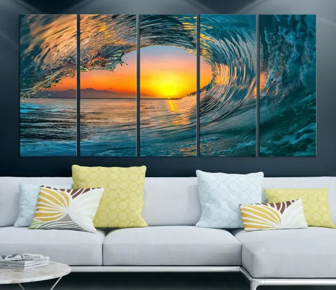 The Ocean Wave Sunset Wall Art, a large coastal wave canvas print comprising a 3-panel ocean sunset seascape, beautifully adorns the living room. This striking piece infuses the space with tranquility by capturing the serene beauty of an ocean wave against a sunset background.