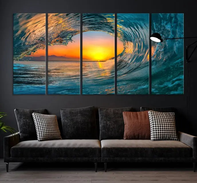 The Ocean Wave Sunset Wall Art, a large coastal wave canvas print comprising a 3-panel ocean sunset seascape, beautifully adorns the living room. This striking piece infuses the space with tranquility by capturing the serene beauty of an ocean wave against a sunset background.