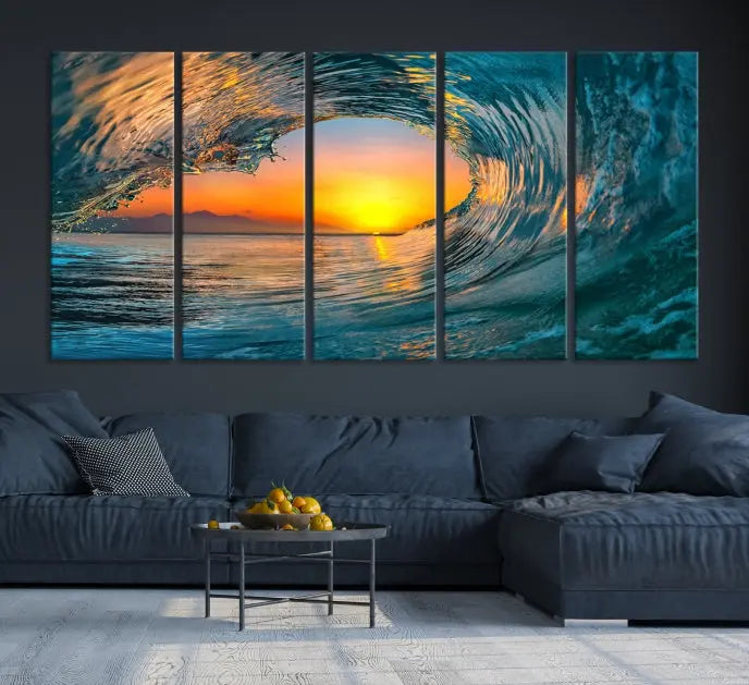 The Ocean Wave Sunset Wall Art, a large coastal wave canvas print comprising a 3-panel ocean sunset seascape, beautifully adorns the living room. This striking piece infuses the space with tranquility by capturing the serene beauty of an ocean wave against a sunset background.