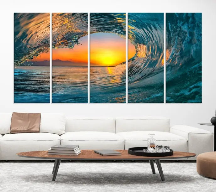 The Ocean Wave Sunset Wall Art, a large coastal wave canvas print comprising a 3-panel ocean sunset seascape, beautifully adorns the living room. This striking piece infuses the space with tranquility by capturing the serene beauty of an ocean wave against a sunset background.