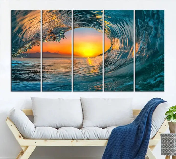 The Ocean Wave Sunset Wall Art, a large coastal wave canvas print comprising a 3-panel ocean sunset seascape, beautifully adorns the living room. This striking piece infuses the space with tranquility by capturing the serene beauty of an ocean wave against a sunset background.