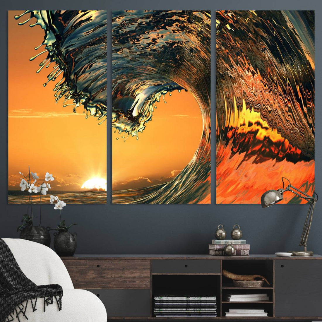 Ocean Wave With Perfect Sunset Canvas Wall Art Print | Nautical Sea Waves Art