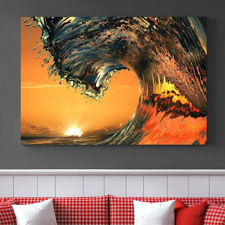 The "Ocean Wave With Perfect Sunset Canvas Wall Art Print Nautical Art Ocean Sea Waves," a vibrant triptych on museum-quality canvas with UV-protective coating, is ready to adorn the wall.