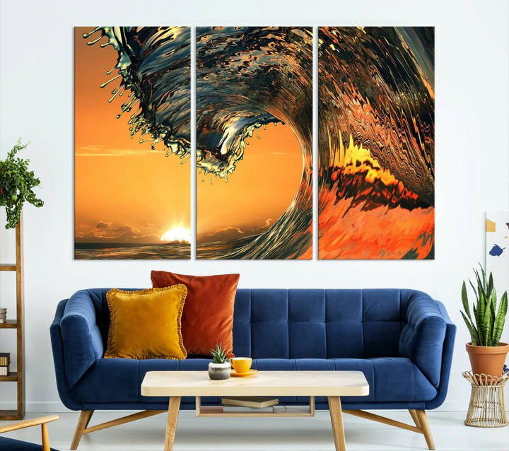 The "Ocean Wave With Perfect Sunset Canvas Wall Art Print Nautical Art Ocean Sea Waves," a vibrant triptych on museum-quality canvas with UV-protective coating, is ready to adorn the wall.