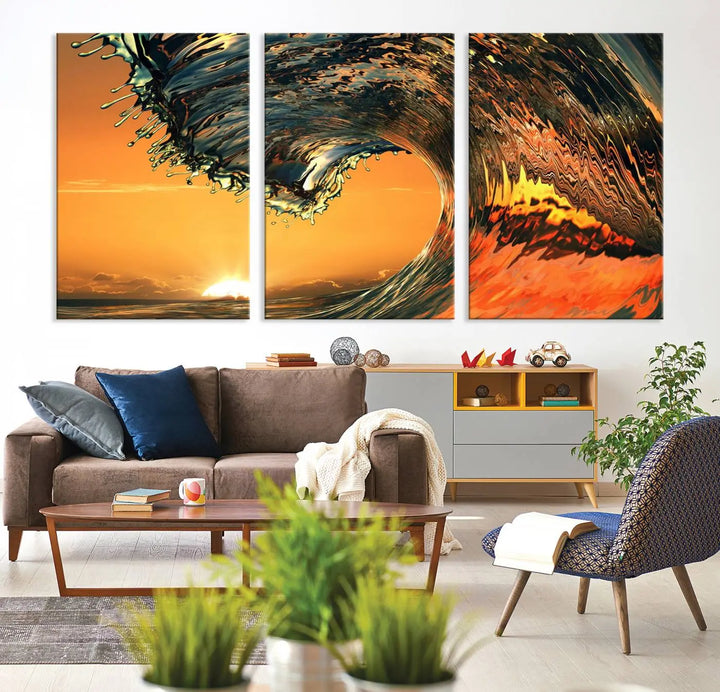 The "Ocean Wave With Perfect Sunset Canvas Wall Art Print Nautical Art Ocean Sea Waves," a vibrant triptych on museum-quality canvas with UV-protective coating, is ready to adorn the wall.