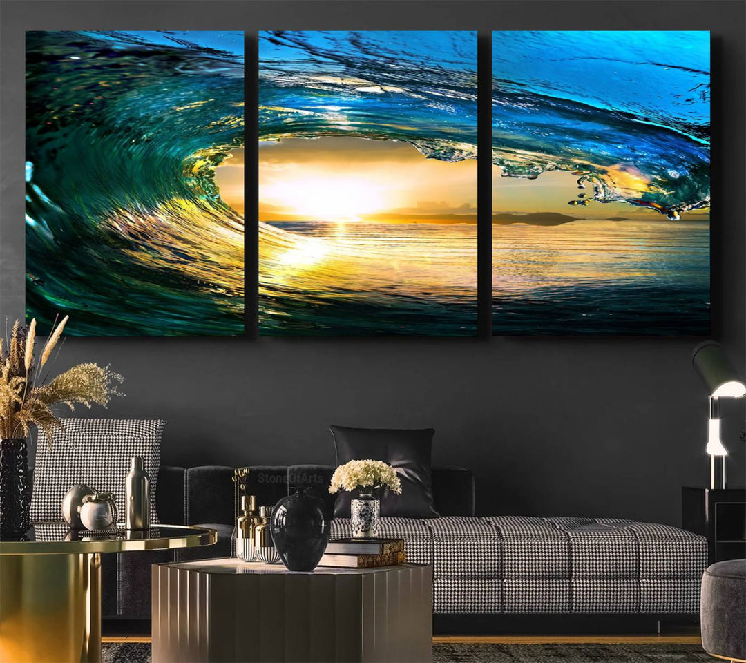Ocean Wave at Sunset Canvas Art, Large Wall Print of Vibrant Water Waves, Coastal Art for Living Room and Dining Room