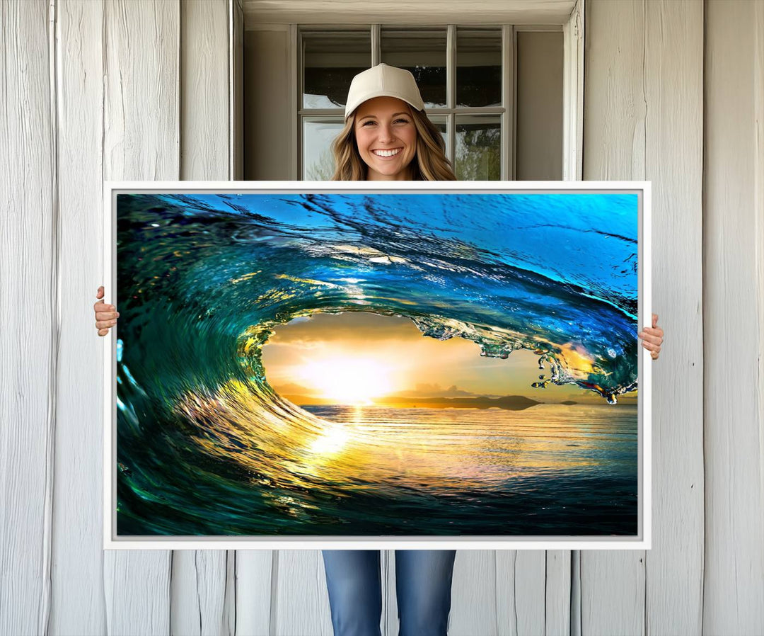 19378-MGV-CV-36X24-Ocean Wave at Sunset Canvas Art, Large Wall Print of Vibrant Water Waves, Coastal Art for Living Room and Dining Room