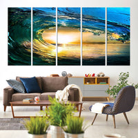 Ocean Wave at Sunset Canvas Art, Large Wall Print of Vibrant Water Waves, Coastal Art for Living Room and Dining Room