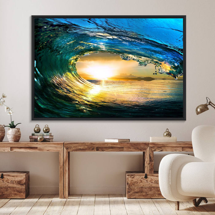 Ocean Wave at Sunset Canvas Art, Large Wall Print of Vibrant Water Waves, Coastal Art for Living Room and Dining Room