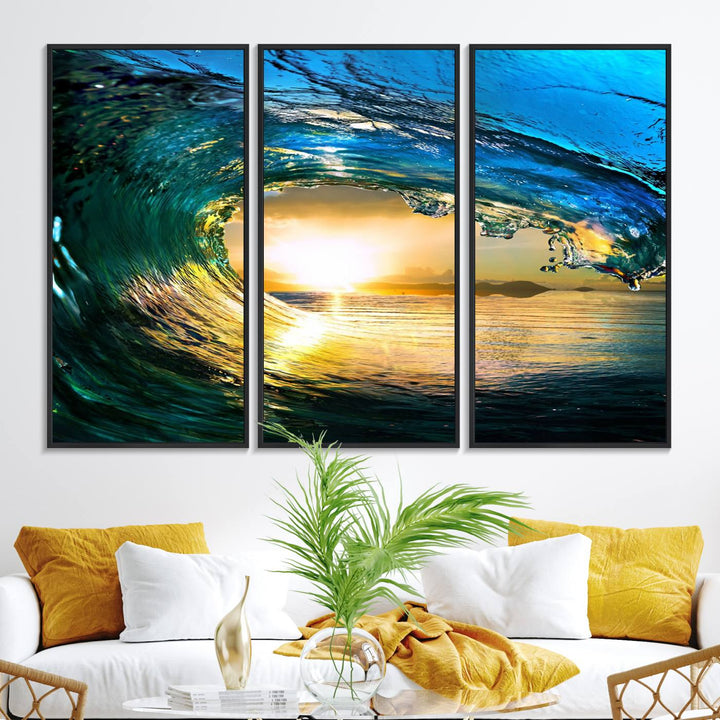 19378-MGV-FC-48X32-3P_Black-Ocean Wave at Sunset Canvas Art, Large Wall Print of Vibrant Water Waves, Coastal Art for Living Room and Dining Room