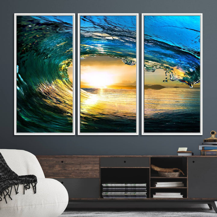 19378-MGV-FC-48X32-3P_White-Ocean Wave at Sunset Canvas Art, Large Wall Print of Vibrant Water Waves, Coastal Art for Living Room and Dining Room