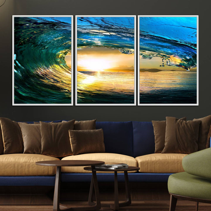19378-MGV-FC-60X30-3P_White-Ocean Wave at Sunset Canvas Art, Large Wall Print of Vibrant Water Waves, Coastal Art for Living Room and Dining Room