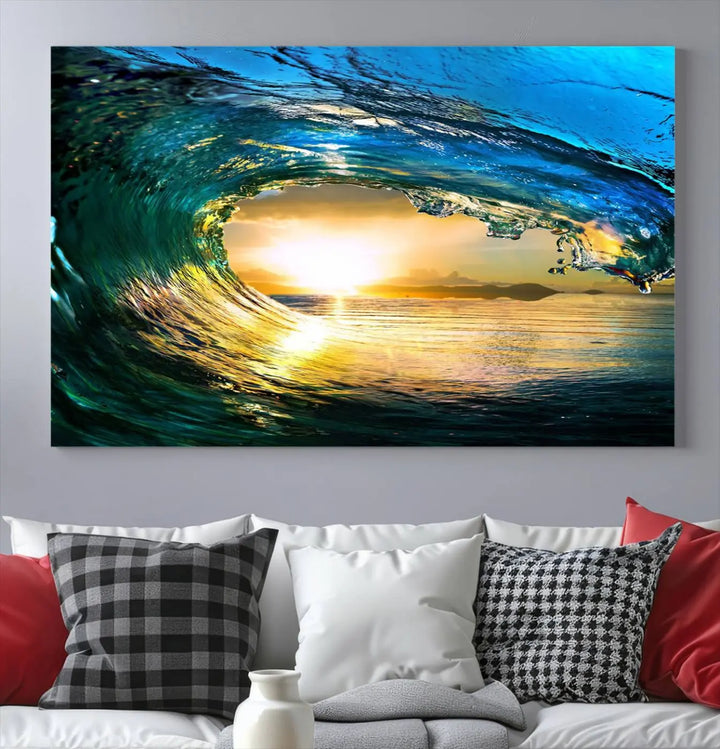 A modern dining room with a coastal vibe showcases a striking large wall print, the "Ocean Wave at Sunset Canvas Art," depicting vibrant water waves. The room features abstract wave artwork on the walls. This eye-catching piece of coastal art infuses the space with seaside serenity.