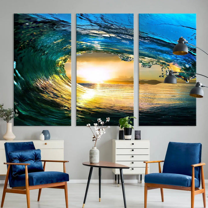 A modern dining room with a coastal vibe showcases a striking large wall print, the "Ocean Wave at Sunset Canvas Art," depicting vibrant water waves. The room features abstract wave artwork on the walls. This eye-catching piece of coastal art infuses the space with seaside serenity.