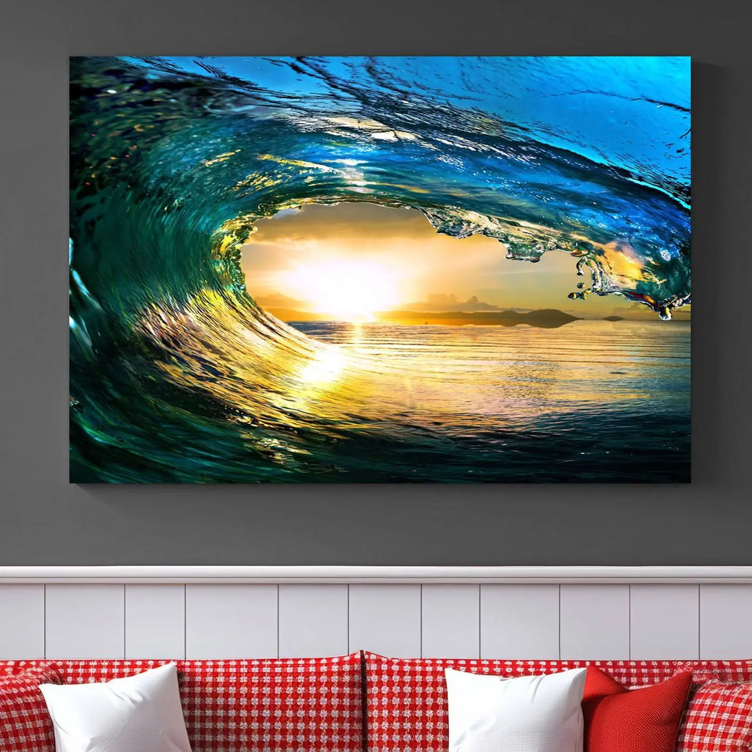 A modern dining room with a coastal vibe showcases a striking large wall print, the "Ocean Wave at Sunset Canvas Art," depicting vibrant water waves. The room features abstract wave artwork on the walls. This eye-catching piece of coastal art infuses the space with seaside serenity.