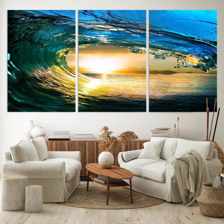 A modern dining room with a coastal vibe showcases a striking large wall print, the "Ocean Wave at Sunset Canvas Art," depicting vibrant water waves. The room features abstract wave artwork on the walls. This eye-catching piece of coastal art infuses the space with seaside serenity.