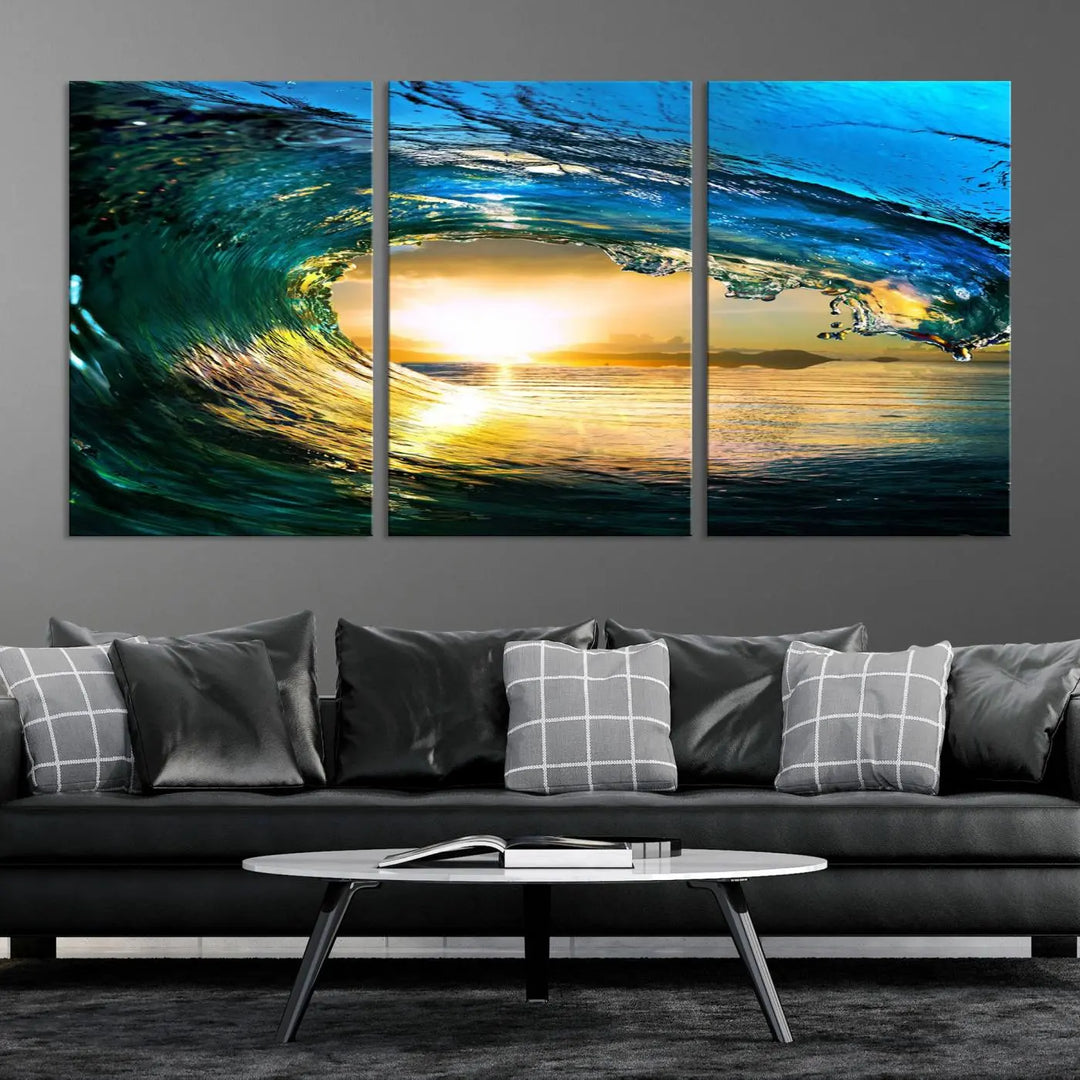 A modern dining room with a coastal vibe showcases a striking large wall print, the "Ocean Wave at Sunset Canvas Art," depicting vibrant water waves. The room features abstract wave artwork on the walls. This eye-catching piece of coastal art infuses the space with seaside serenity.