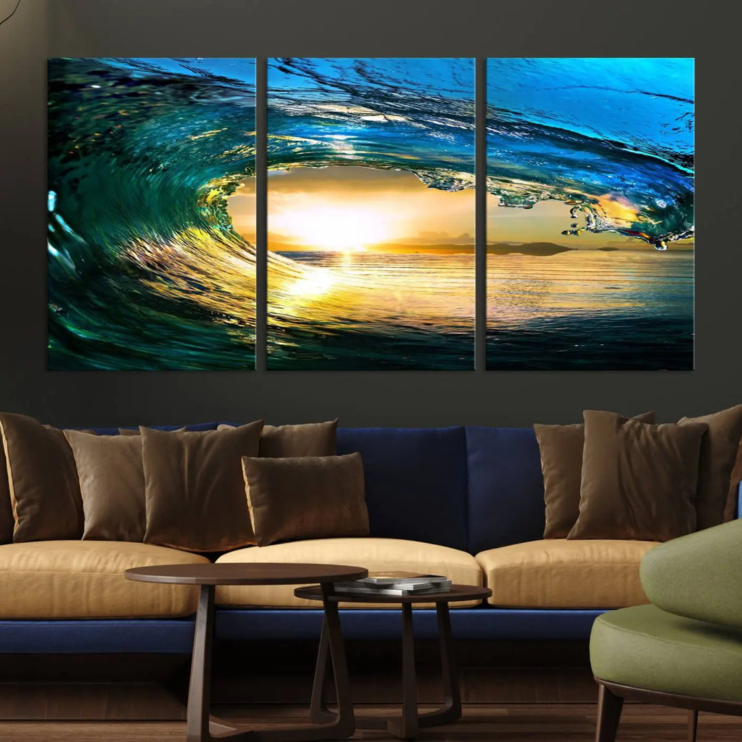 A modern dining room with a coastal vibe showcases a striking large wall print, the "Ocean Wave at Sunset Canvas Art," depicting vibrant water waves. The room features abstract wave artwork on the walls. This eye-catching piece of coastal art infuses the space with seaside serenity.