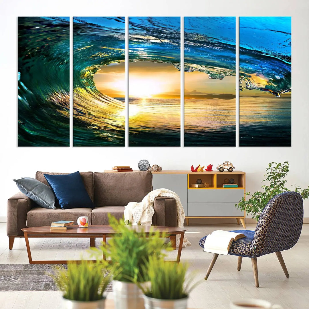 A modern dining room with a coastal vibe showcases a striking large wall print, the "Ocean Wave at Sunset Canvas Art," depicting vibrant water waves. The room features abstract wave artwork on the walls. This eye-catching piece of coastal art infuses the space with seaside serenity.