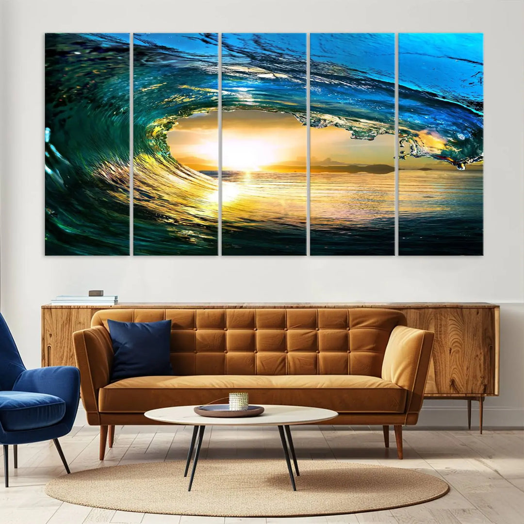 A modern dining room with a coastal vibe showcases a striking large wall print, the "Ocean Wave at Sunset Canvas Art," depicting vibrant water waves. The room features abstract wave artwork on the walls. This eye-catching piece of coastal art infuses the space with seaside serenity.