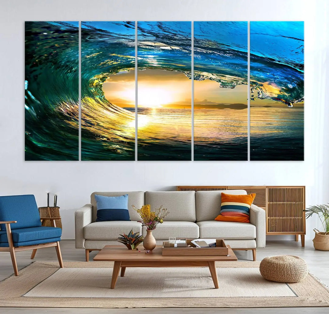 A modern dining room with a coastal vibe showcases a striking large wall print, the "Ocean Wave at Sunset Canvas Art," depicting vibrant water waves. The room features abstract wave artwork on the walls. This eye-catching piece of coastal art infuses the space with seaside serenity.