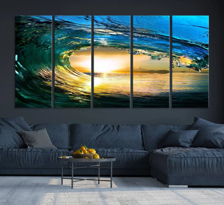 A modern dining room with a coastal vibe showcases a striking large wall print, the "Ocean Wave at Sunset Canvas Art," depicting vibrant water waves. The room features abstract wave artwork on the walls. This eye-catching piece of coastal art infuses the space with seaside serenity.