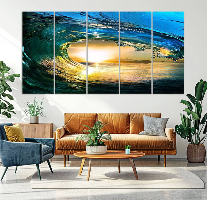 A modern dining room with a coastal vibe showcases a striking large wall print, the "Ocean Wave at Sunset Canvas Art," depicting vibrant water waves. The room features abstract wave artwork on the walls. This eye-catching piece of coastal art infuses the space with seaside serenity.