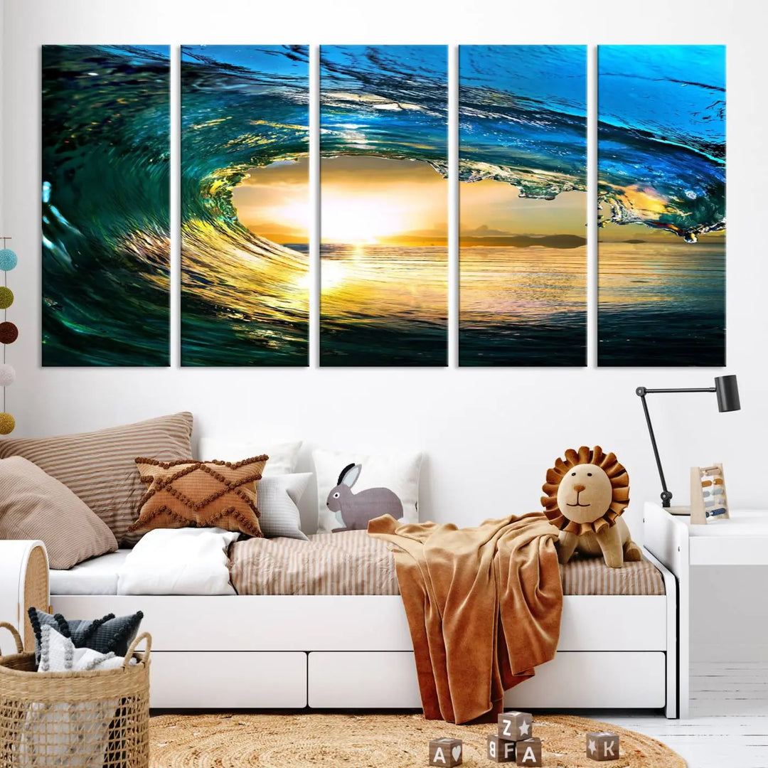 A modern dining room with a coastal vibe showcases a striking large wall print, the "Ocean Wave at Sunset Canvas Art," depicting vibrant water waves. The room features abstract wave artwork on the walls. This eye-catching piece of coastal art infuses the space with seaside serenity.