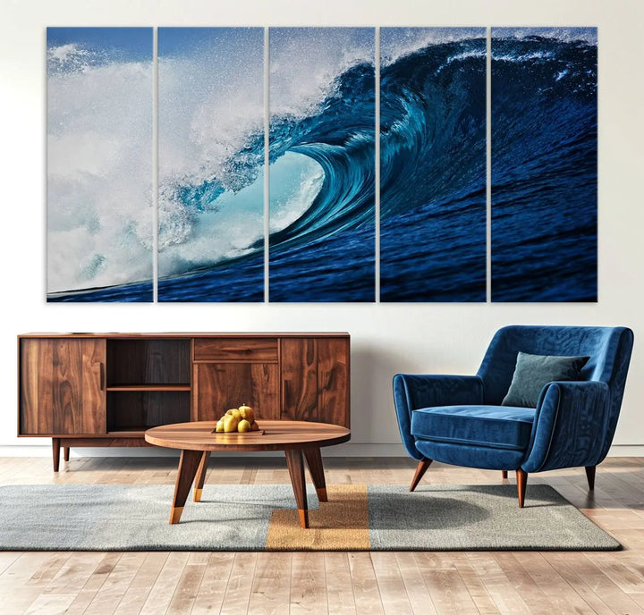 A large wall print of "Ocean Wave at Sunset Canvas Art" is displayed, creating a coastal vibe.