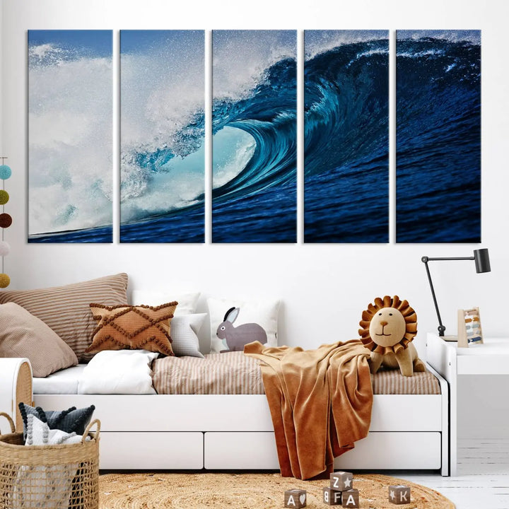 A large wall print of "Ocean Wave at Sunset Canvas Art" is displayed, creating a coastal vibe.