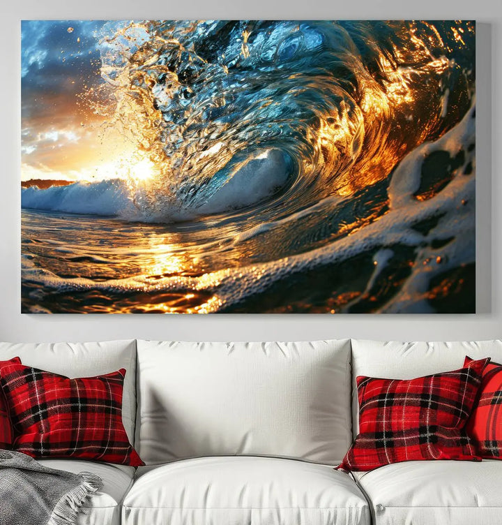 The living room is enhanced by the Ocean Wave at Sunset Canvas Wall Art, a captivating piece featuring vibrant coastal beach waves that elegantly capture sunlight reflecting on the water, making it perfect for surf lovers.