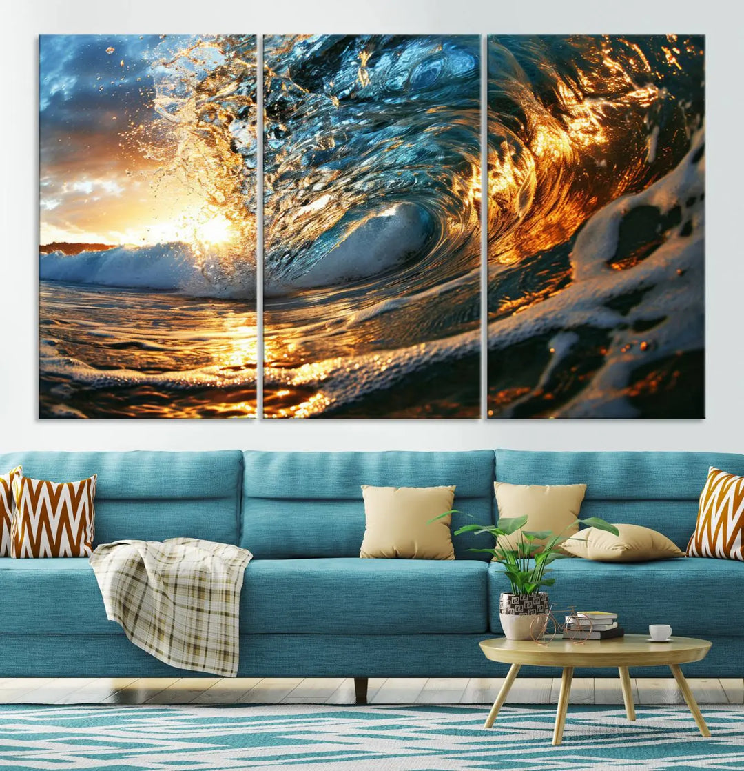 The living room is enhanced by the Ocean Wave at Sunset Canvas Wall Art, a captivating piece featuring vibrant coastal beach waves that elegantly capture sunlight reflecting on the water, making it perfect for surf lovers.