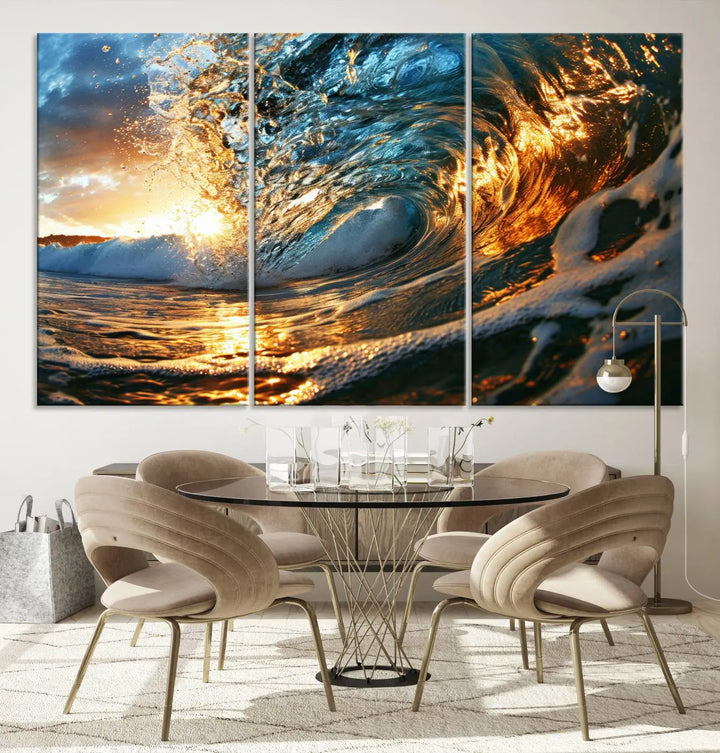 The living room is enhanced by the Ocean Wave at Sunset Canvas Wall Art, a captivating piece featuring vibrant coastal beach waves that elegantly capture sunlight reflecting on the water, making it perfect for surf lovers.