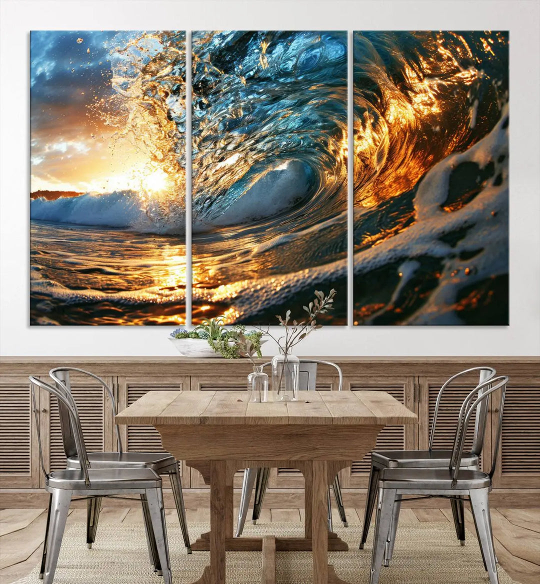 The living room is enhanced by the Ocean Wave at Sunset Canvas Wall Art, a captivating piece featuring vibrant coastal beach waves that elegantly capture sunlight reflecting on the water, making it perfect for surf lovers.