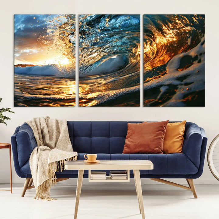 The living room is enhanced by the Ocean Wave at Sunset Canvas Wall Art, a captivating piece featuring vibrant coastal beach waves that elegantly capture sunlight reflecting on the water, making it perfect for surf lovers.