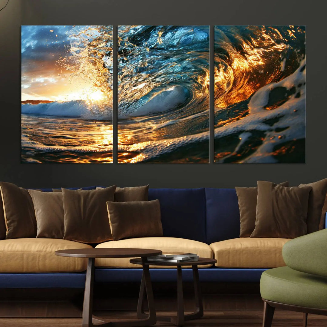 The living room is enhanced by the Ocean Wave at Sunset Canvas Wall Art, a captivating piece featuring vibrant coastal beach waves that elegantly capture sunlight reflecting on the water, making it perfect for surf lovers.