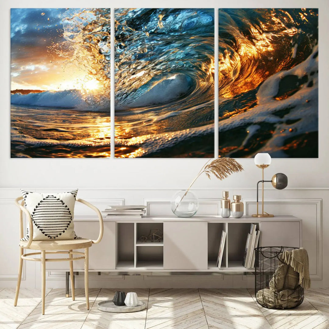 The living room is enhanced by the Ocean Wave at Sunset Canvas Wall Art, a captivating piece featuring vibrant coastal beach waves that elegantly capture sunlight reflecting on the water, making it perfect for surf lovers.